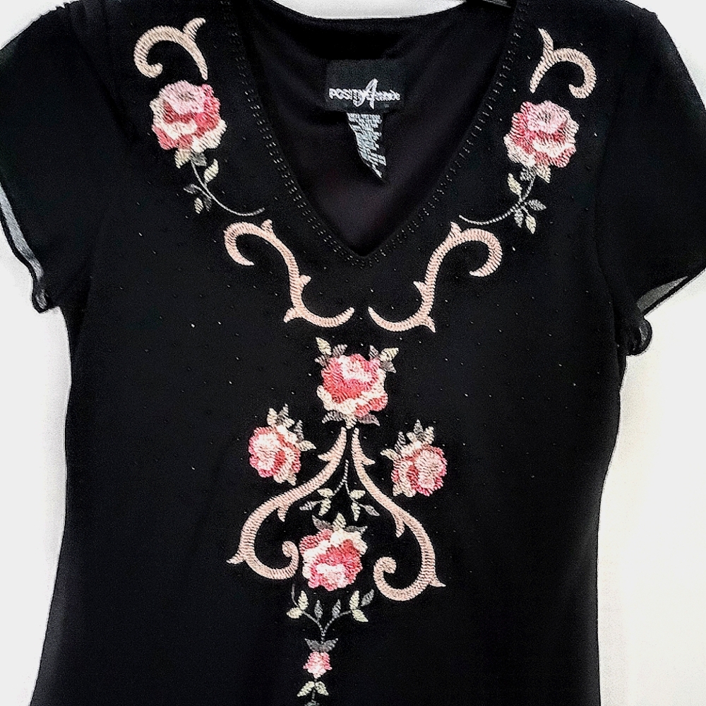 ANKLE LENGTH BLACK DRESS, WITH EMBROIDERY, LIKE NEW, SIZE PETITE SIZE 4